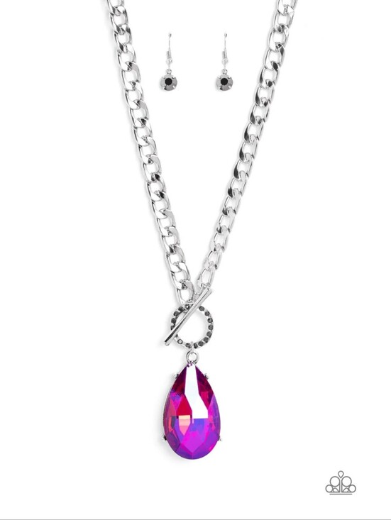 paparazzi Jewelry - Edgy Exaggeration Necklace with Pink UV Shimmer Teardrop Pendant